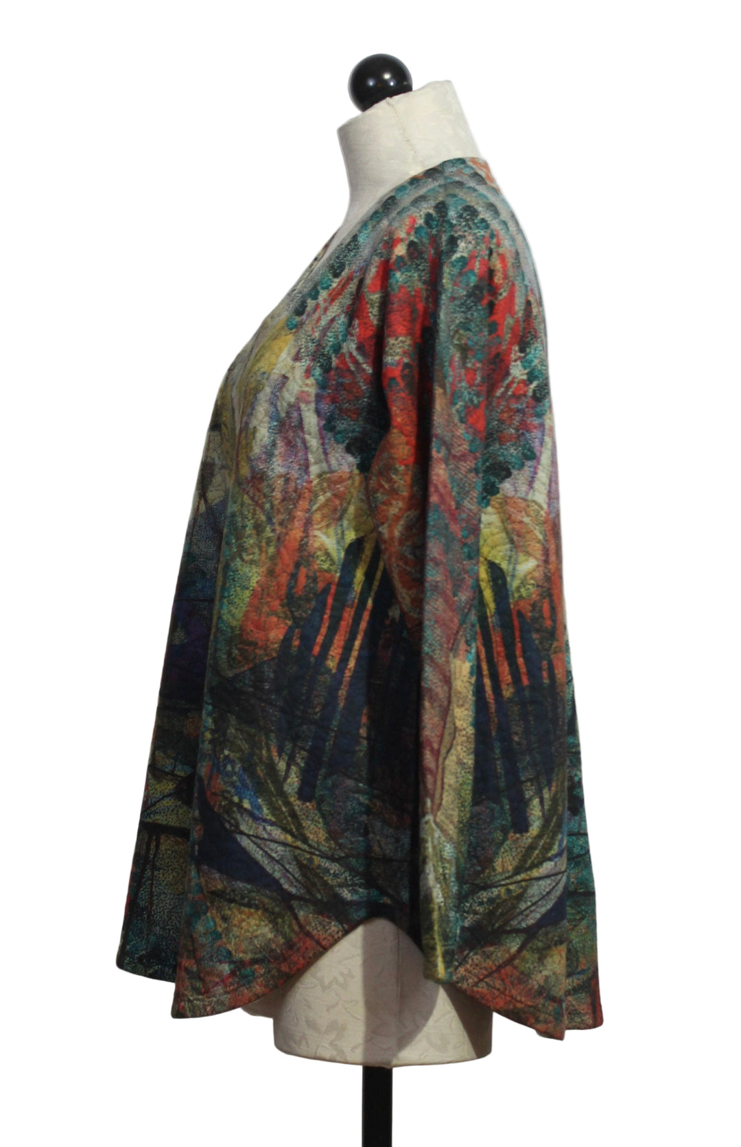 side view of Oversized Cowl Neck Pullover by Inoah in the Happier Print