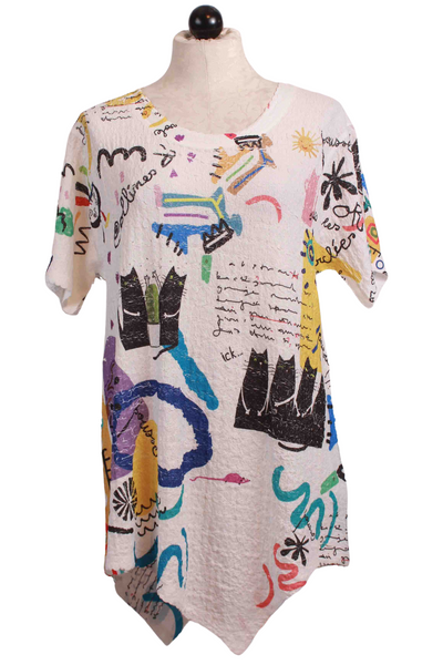 White Short Sleeve Power Cats Print in a Waffle Fabric Tunic with Asymmetrical Hemline by Inoah