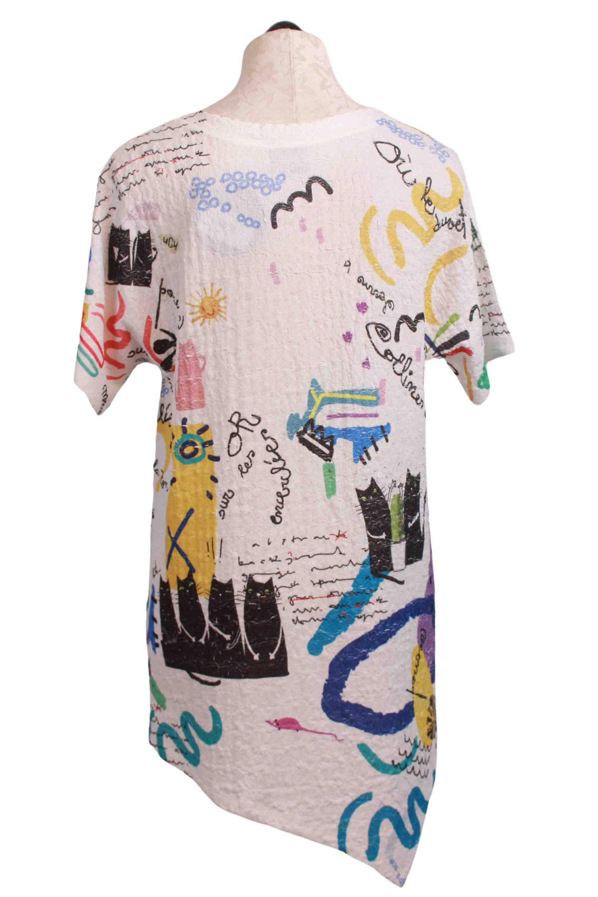 back view of White Short Sleeve Power Cats Print in a Waffle Fabric Tunic with Asymmetrical Hemline by Inoah