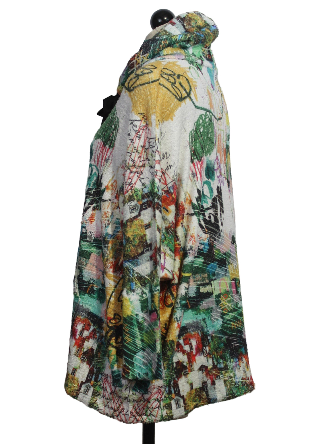Side view of Oversized Cowl Neck Pullover by Inoah in the Happier Print