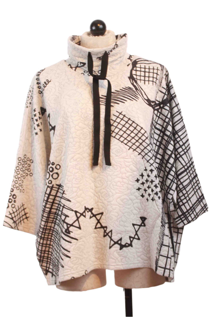 Black/Cream Quilted "The Grid" Dolman Sleeve Rolled Neck Top-Inoah