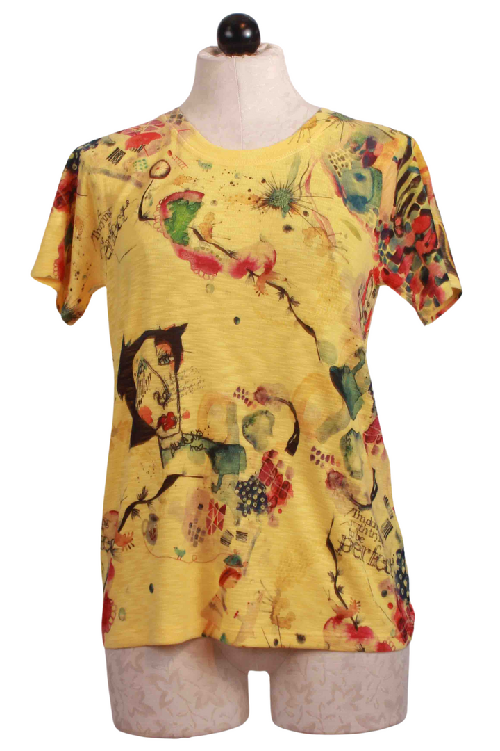 Yellow Masterpiece Print Short Sleeve Crew Neck Top by Inoah