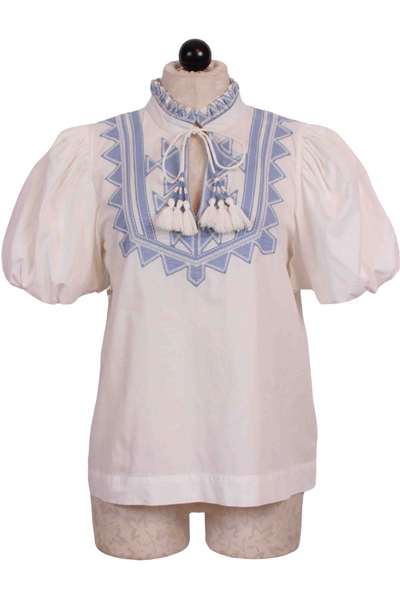 White with Blue Embroidery Amelia Blouse by Scarlett Poppies
