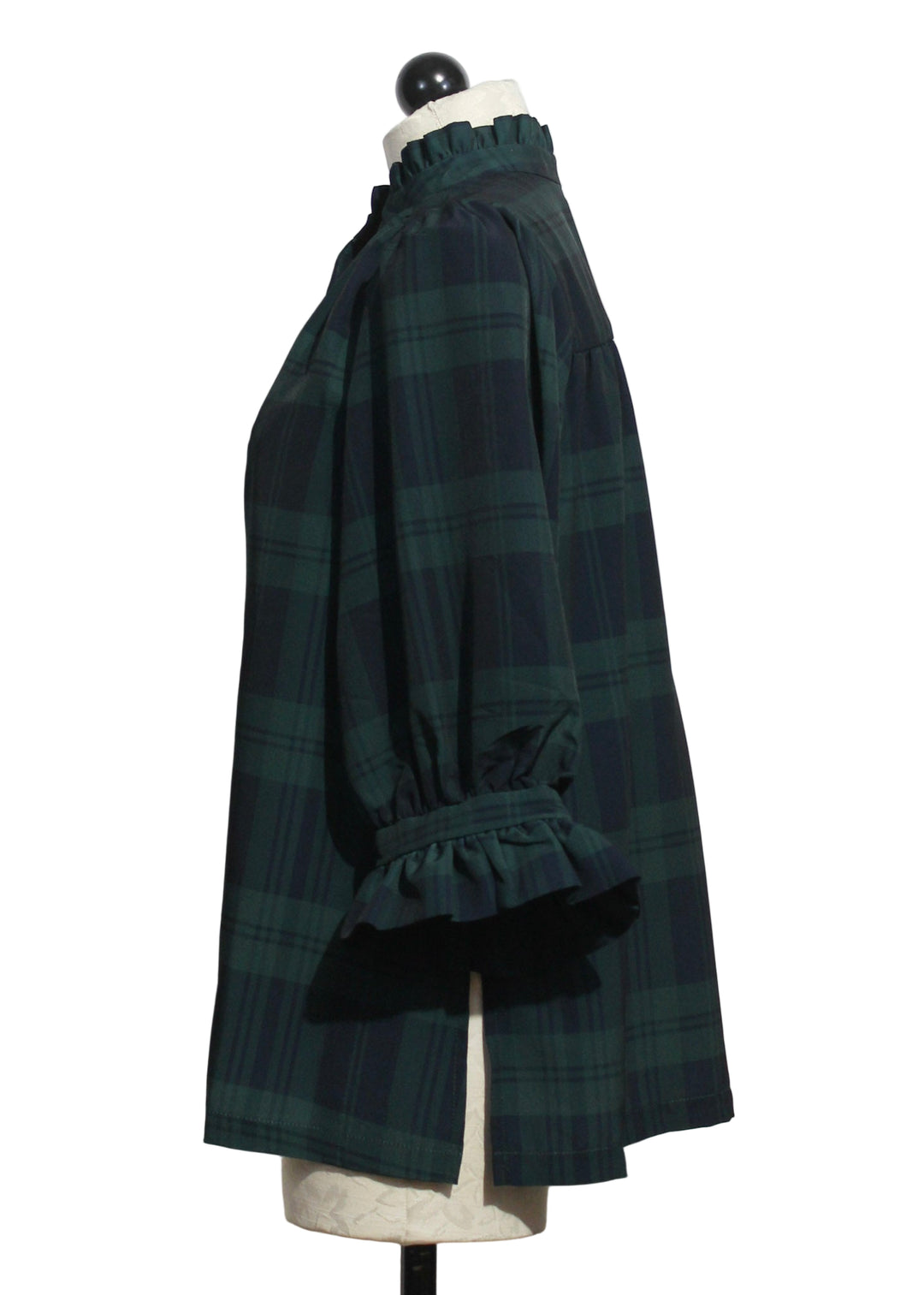 Side view of Navy Green Black Watch Plaid Ruffle Neck Tunic-Gretchen Scott 