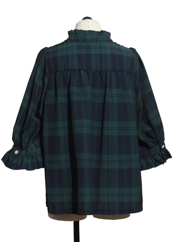 back view of Navy Green Black Watch Plaid Ruffle Neck Tunic-Gretchen Scott