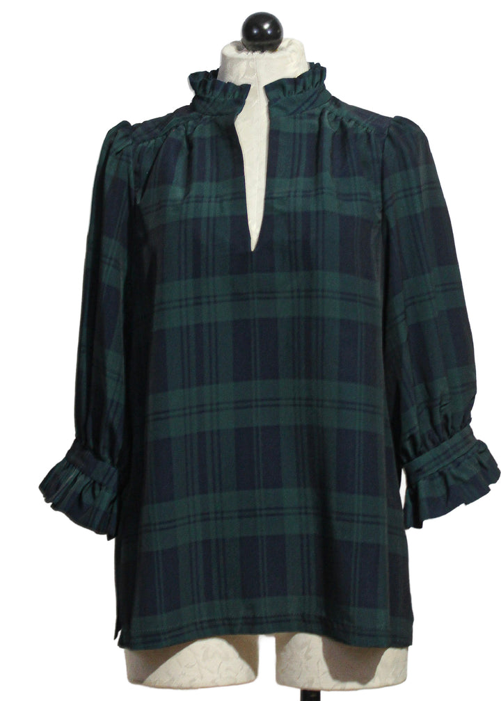 Navy Green Black Watch Plaid Ruffle Neck Tunic by Gretchen Scott 