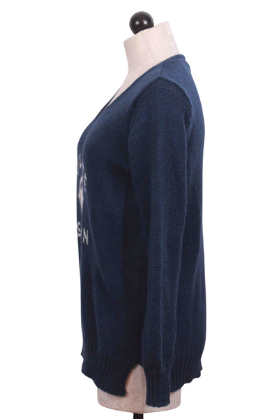 side view of Highline Blue/Pure Snow V Neck Tailgate Season Sweater by Wooden Ship
