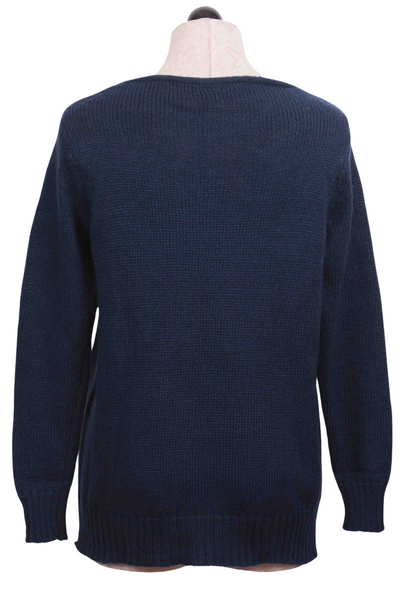 back view of Highline Blue/Pure Snow V Neck Tailgate Season Sweater by Wooden Ship