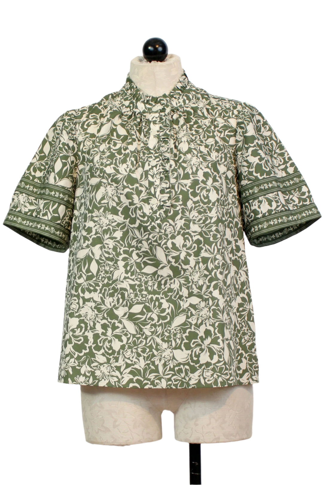 Fiorella Print Talia Short Puff Sleeve Button Ruffle Neck Top by Cartolina
