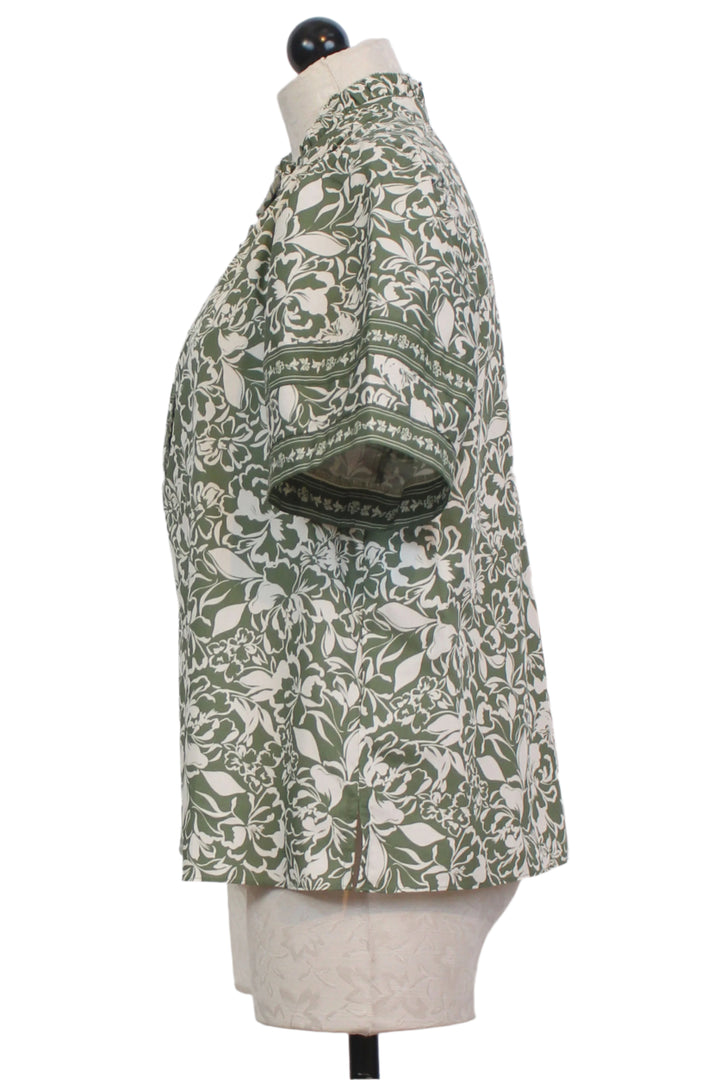 side view of Fiorella Print Talia Short Puff Sleeve Button Ruffle Neck Top by Cartolina
