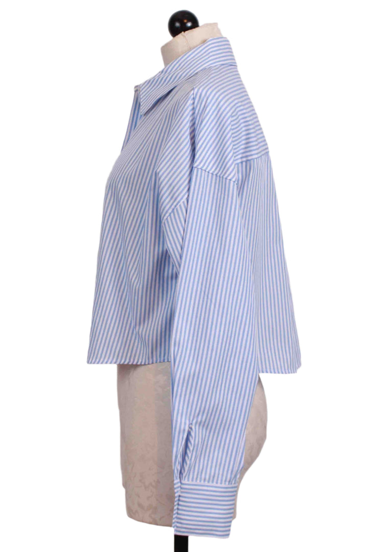 side view of Blue and White Stripe The Crop Ex Boyfriend Shirt by Favorite Daughter