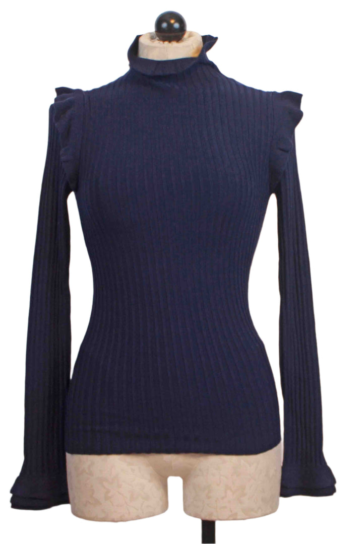 Dusk ribbed Turtleneck by Marie Oliver with tiny ruffle shoulder neckline and bottom of sleeve