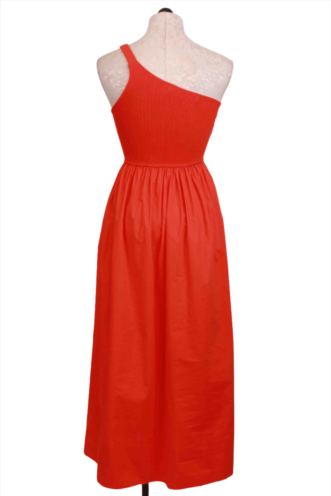 back view of Fuego colored One Shoulder Fitted Ribbed Bodice Tobie Dress by Marie Oliver with a Cotton Poplin Full Skirt