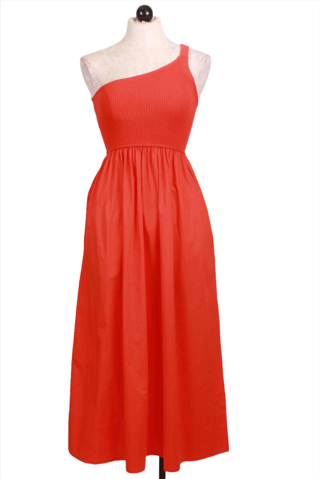 Fuego colored One Shoulder Fitted Ribbed Bodice Tobie Dress by Marie Oliver with a Cotton Poplin Full Skirt