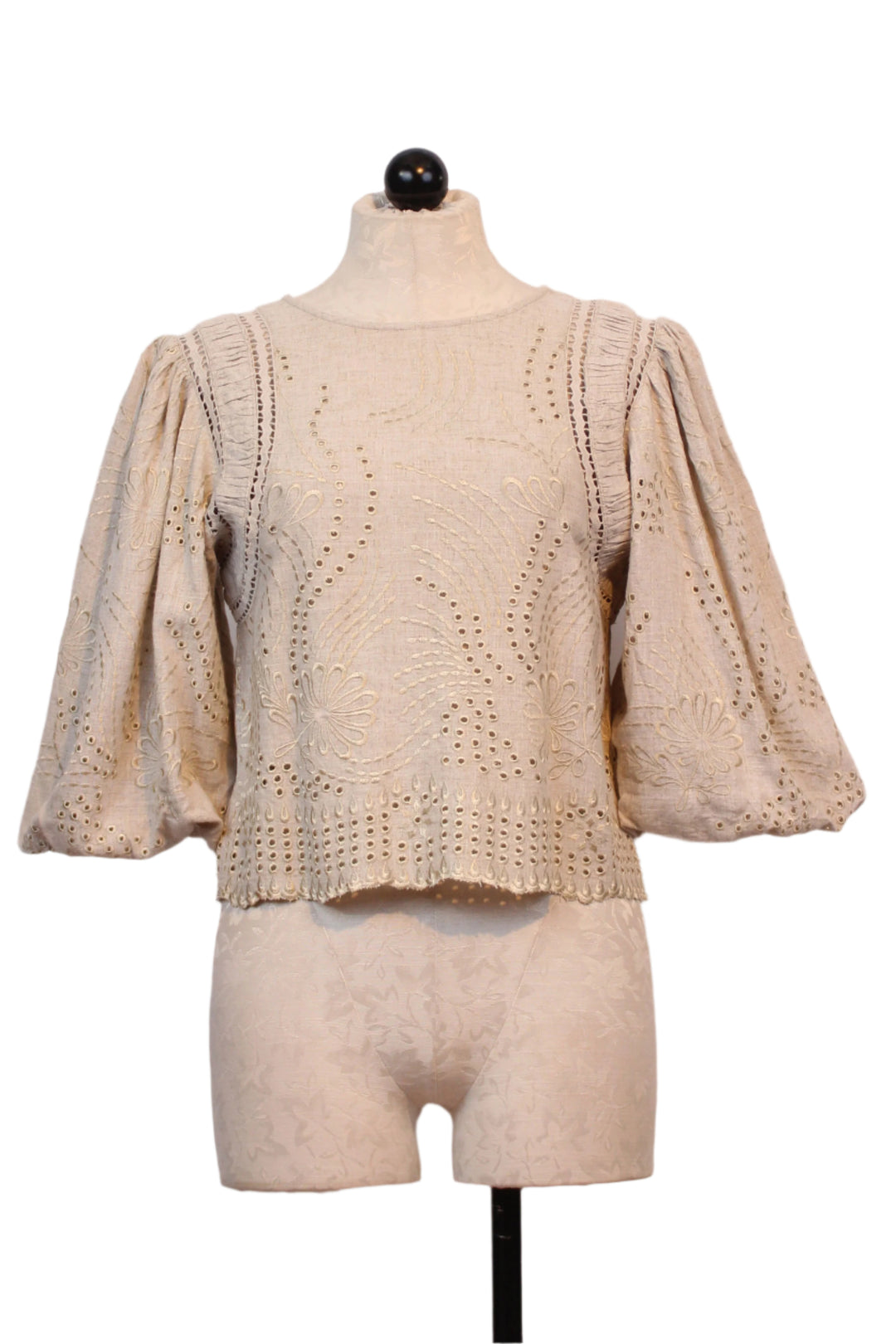 Light Khaki Trinity Embroidered Crop Top by Berenice with pretty 3/4 blouson sleeves
