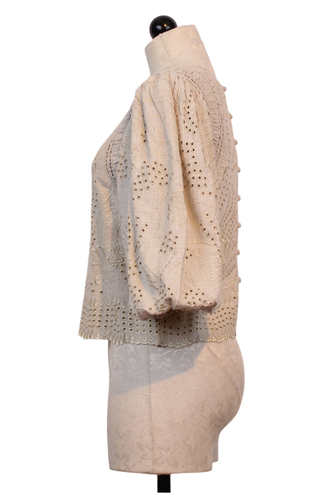 side view of Light Khaki Trinity Embroidered Crop Top by Berenice with pretty 3/4 blouson sleeves