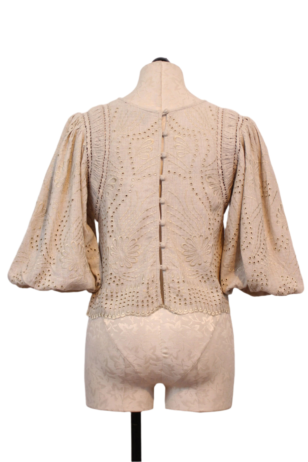 back view Light Khaki Trinity Embroidered Crop Top by Berenice with pretty 3/4 blouson sleeves