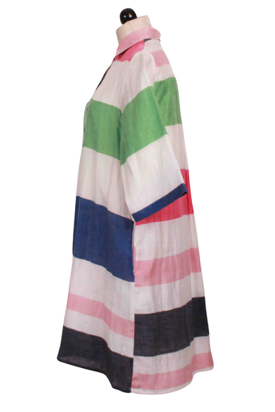 side view of Tyanna Multicolor Stripe Linen Dress by Vilagallo