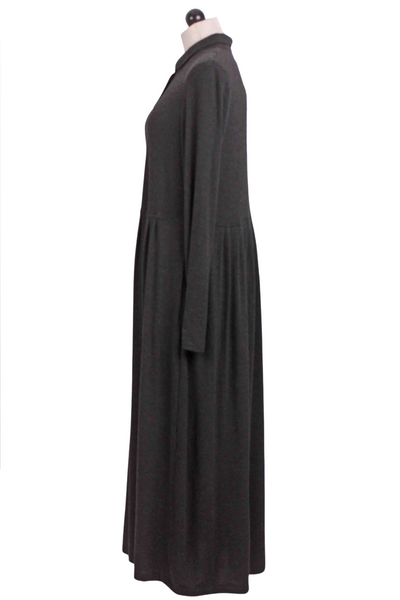 side view of Charcoal Button Down Dress with Pleated Skirt by Alembika