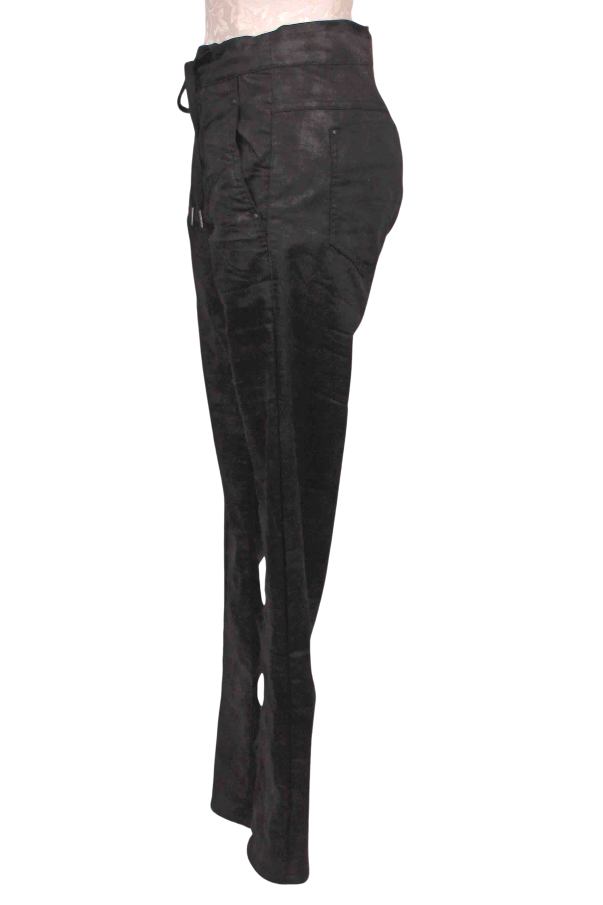side view of Black Drawstring Waist Straight leg Jean by Alembika