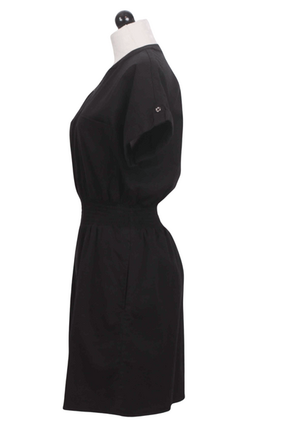 side view of Black Short Sleeve Zip Through Utility Dress by Apricot with Elastic Waistband