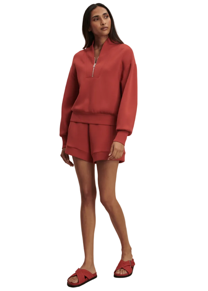 model wearing the The Davidson Sweat in Bossa Nova by Varley and matching  Atrium High Rise Short 4.5 In Bossa Nova Color by Varley