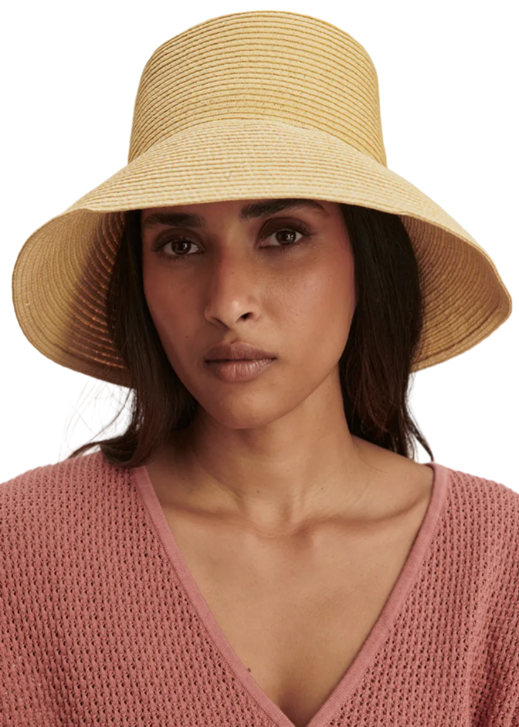 Modeling wearing the Goodwin Sunhat by Varley in Anise Flower
