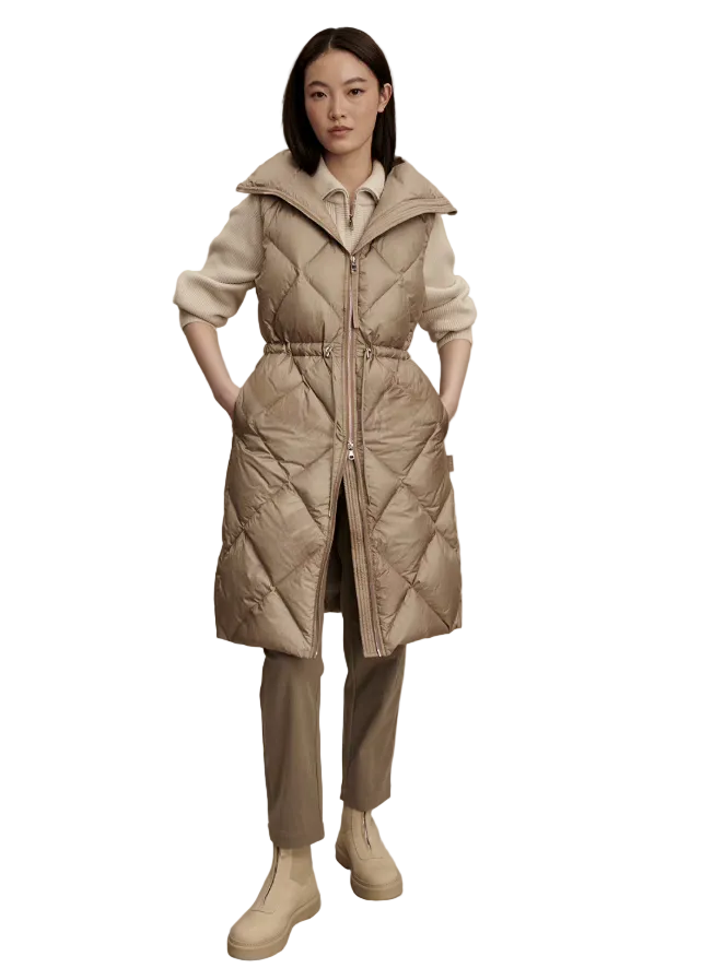 front view of Portobello Metallic The Navine Long Down Gilet by Varley 