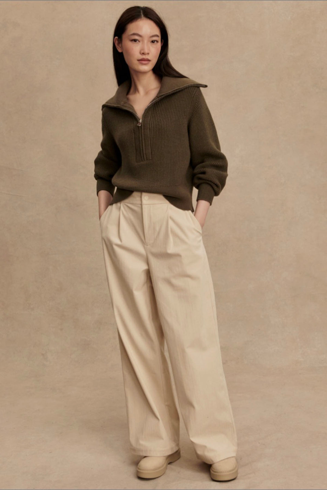 Maura Half Zip Rib Knit by Varley in Olive Night paired with the Birch colored Rocio Wide Leg 29.5 pant by Varley