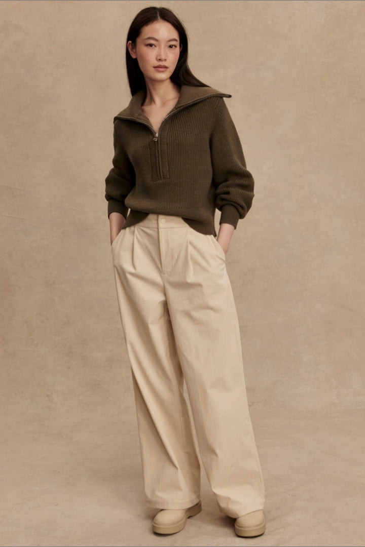 Maura Half Zip Rib Knit by Varley in Olive Night paired with the Birch colored Rocio Wide Leg 29.5 pant by Varley