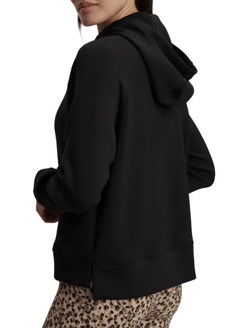 Side view of Black Hooded Karo Half Zip Midlayer by Varley