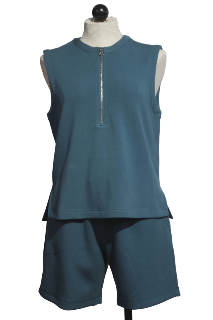 Simmons Half Zip Tank by Varley in Mallard Blue and the matching Rumor 6.5 Long Short in Mallard Blue by Varley