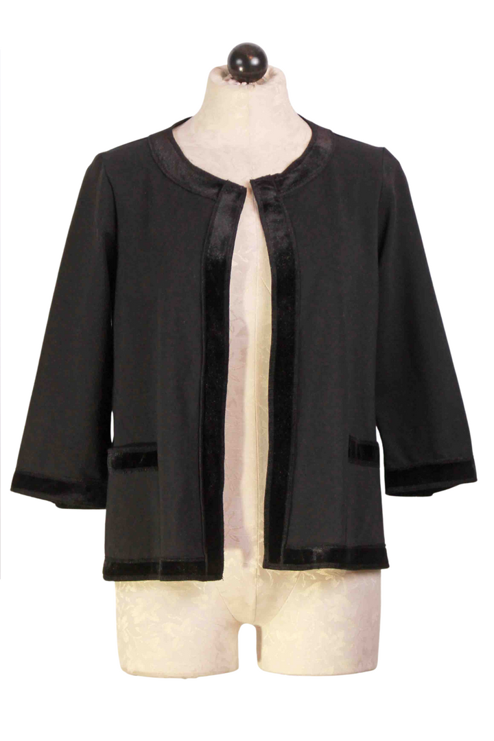 Black Velvet Trimmed Open Front Jacket by Testimony