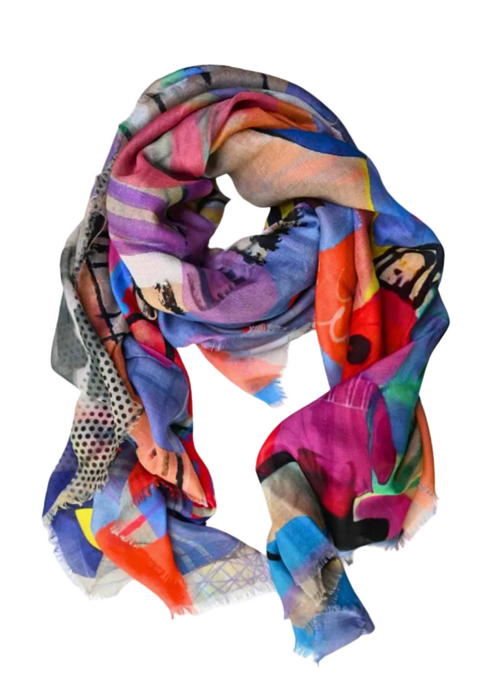 Tied view of The Grand Carré Voyager Scarf by Isabelle Gougenheim