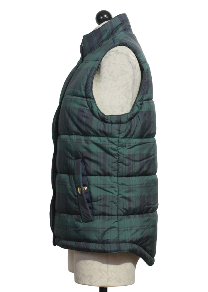 side view of Navy Green Black Watch Plaid Puffer by Gretchen Scott 