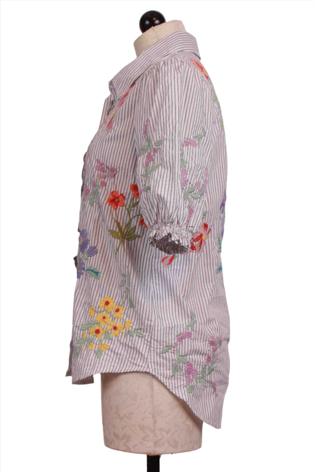 side view of Striped Embroidered Evangeline Smocked Lisbon Shirt by Johnny Was