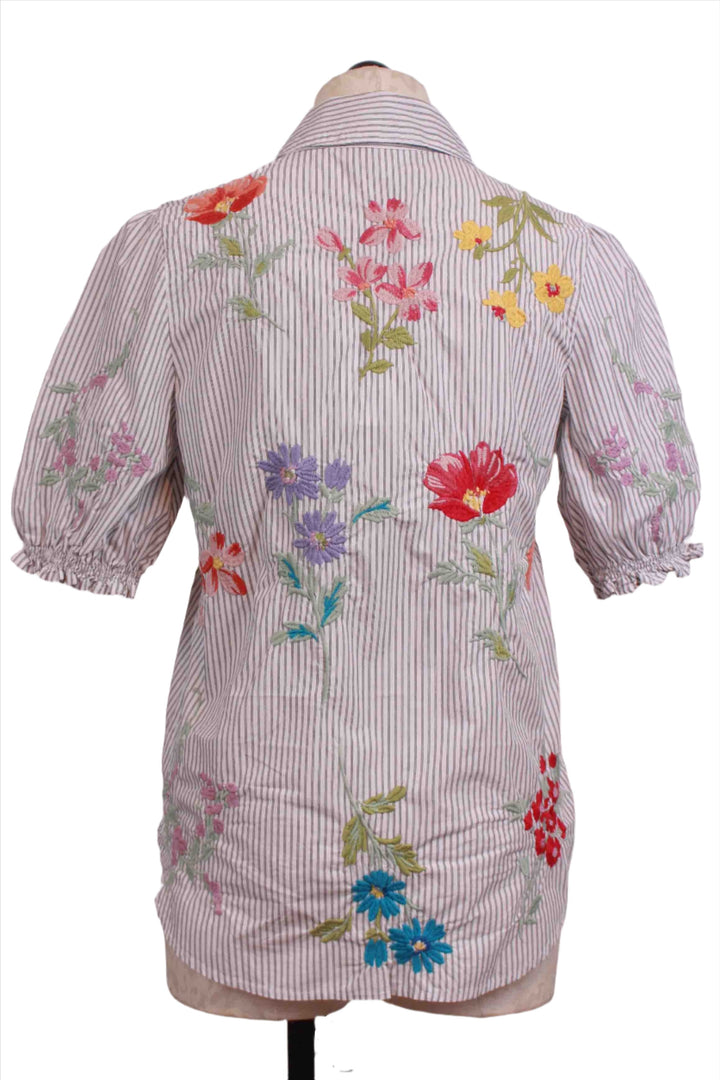 back view of Striped Embroidered Evangeline Smocked Lisbon Shirt by Johnny Was