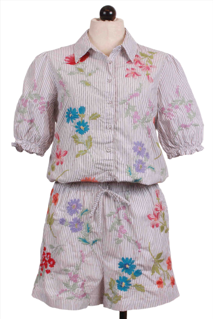 Striped Embroidered Evangeline Smocked Lisbon Shirt by Johnny Was with matching Evangeline Shorts