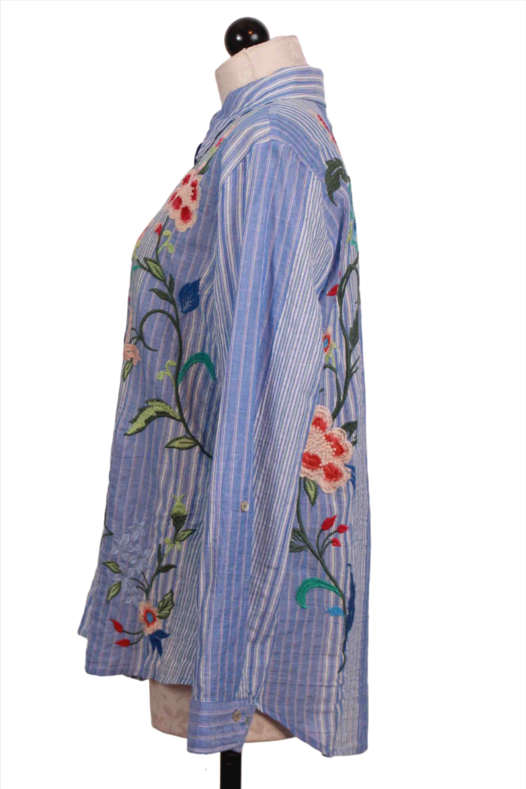 side view of Aster Stripe embroidered Double Button Shirt by Johnny Was