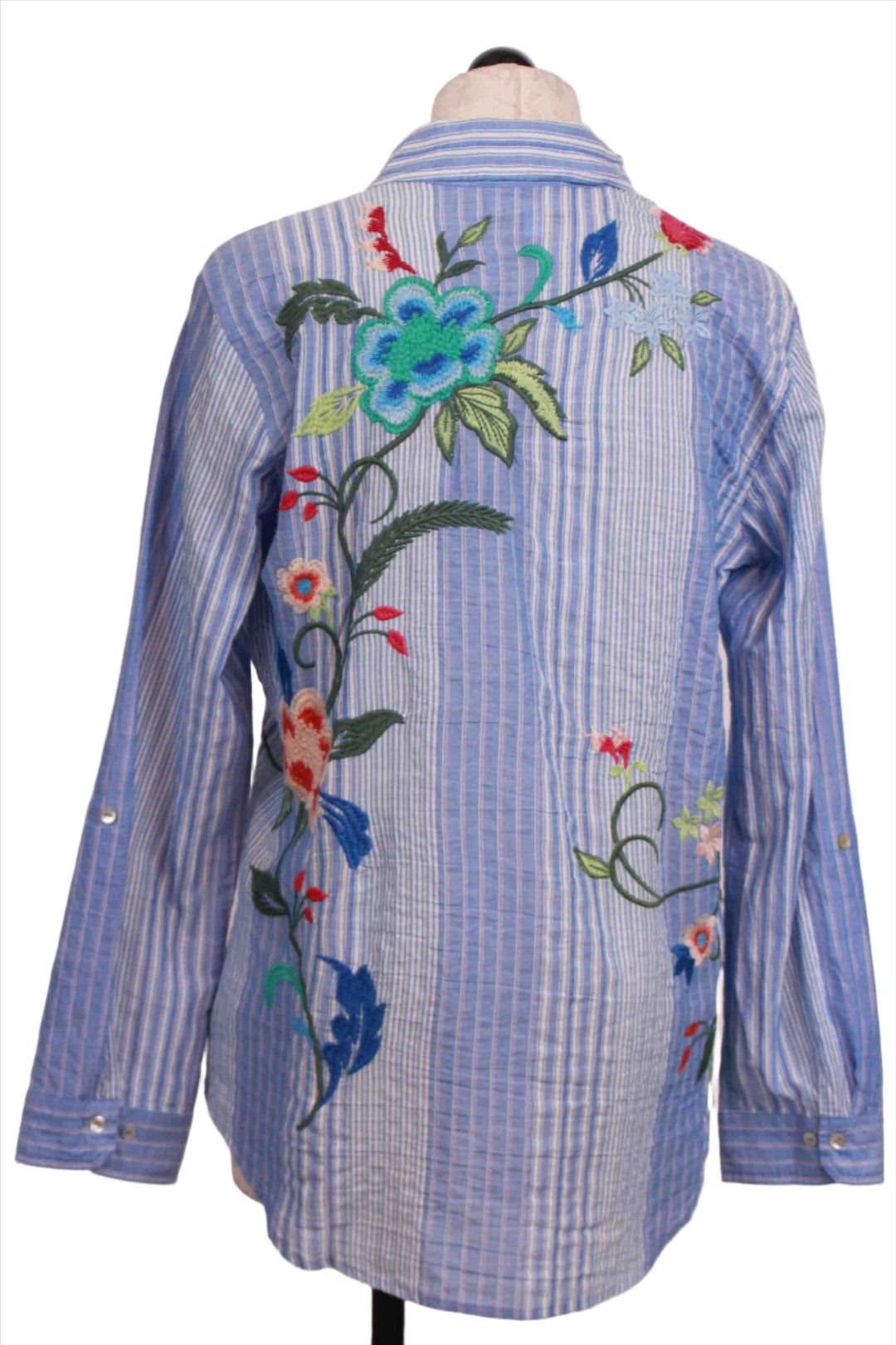 back view of Aster Stripe embroidered Double Button Shirt by Johnny Was