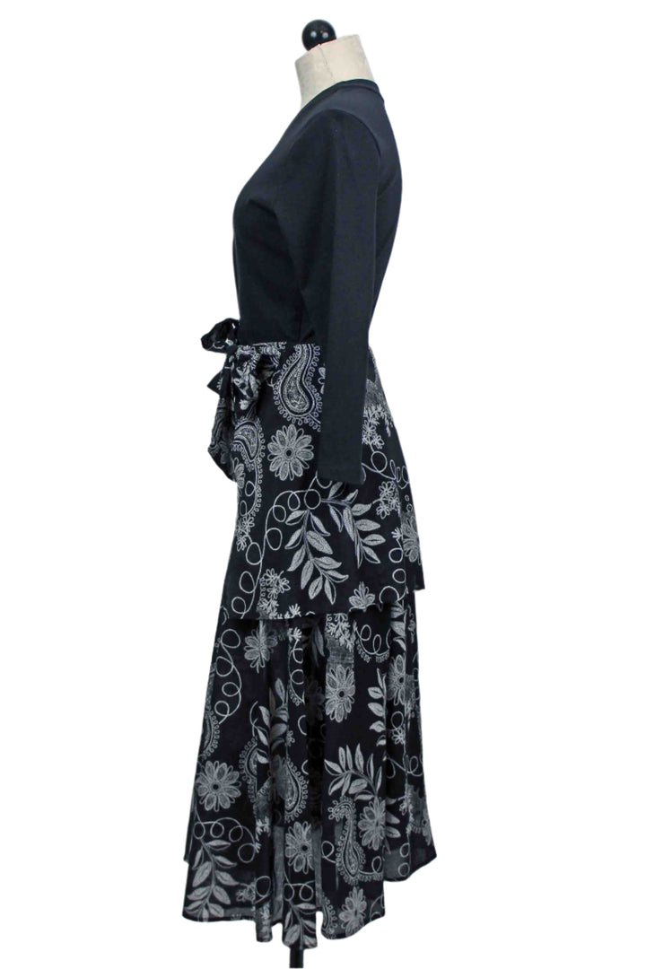 Side view of Black and White Marana Print Mixed Media Wrap Tie Dress by Johnny Was