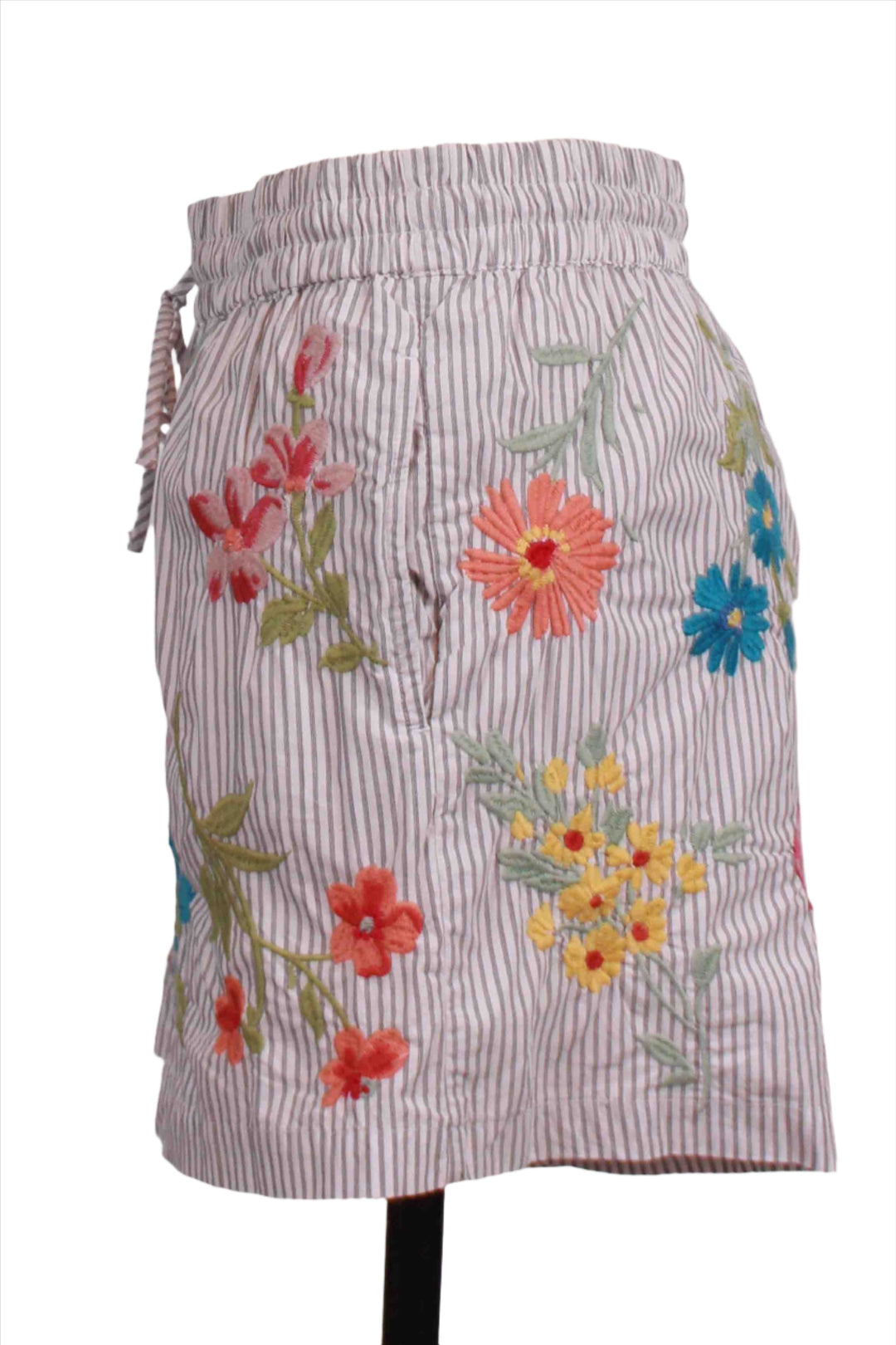 side view of Striped Embroidered Evangeline Drawstring Short by Johnny Was