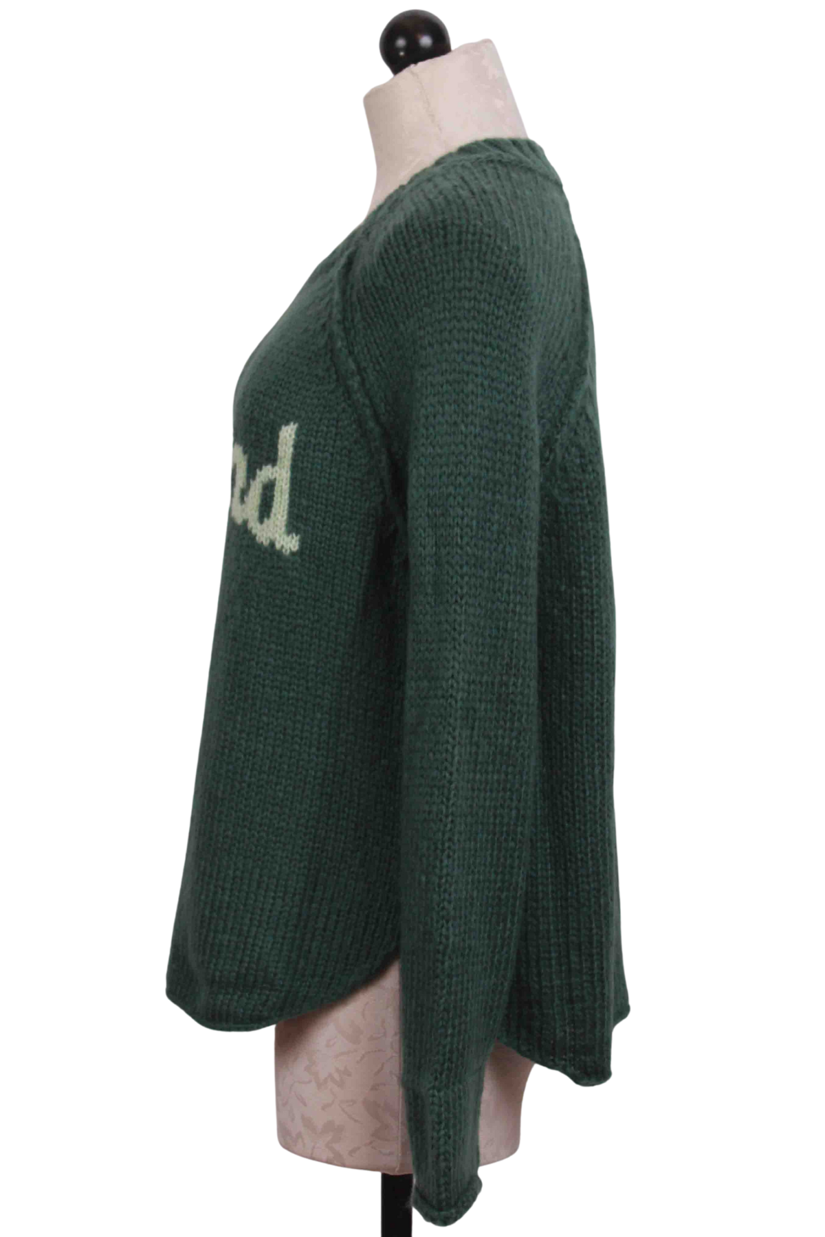 side view of Juniper and Mojito colored Weekend Raglan Crew Sweater by Wooden Ships