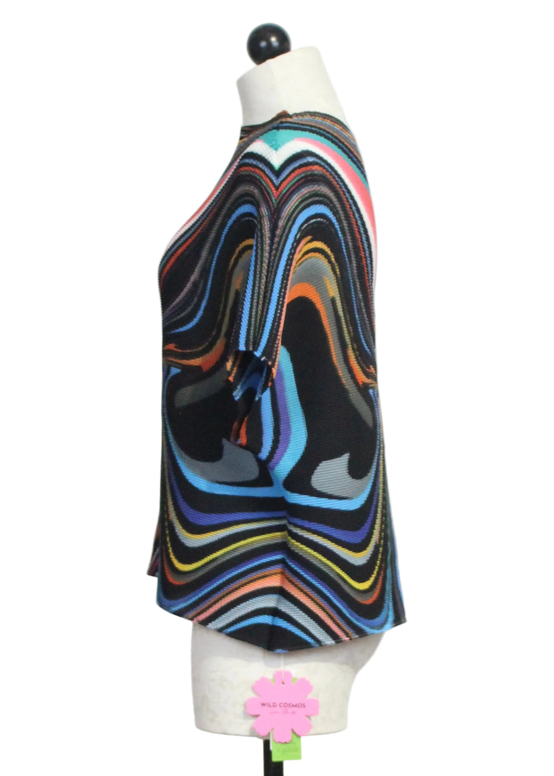 Side view of The Short Sleeve Emily Swirl Oil Paint Top by Wild Cosmos