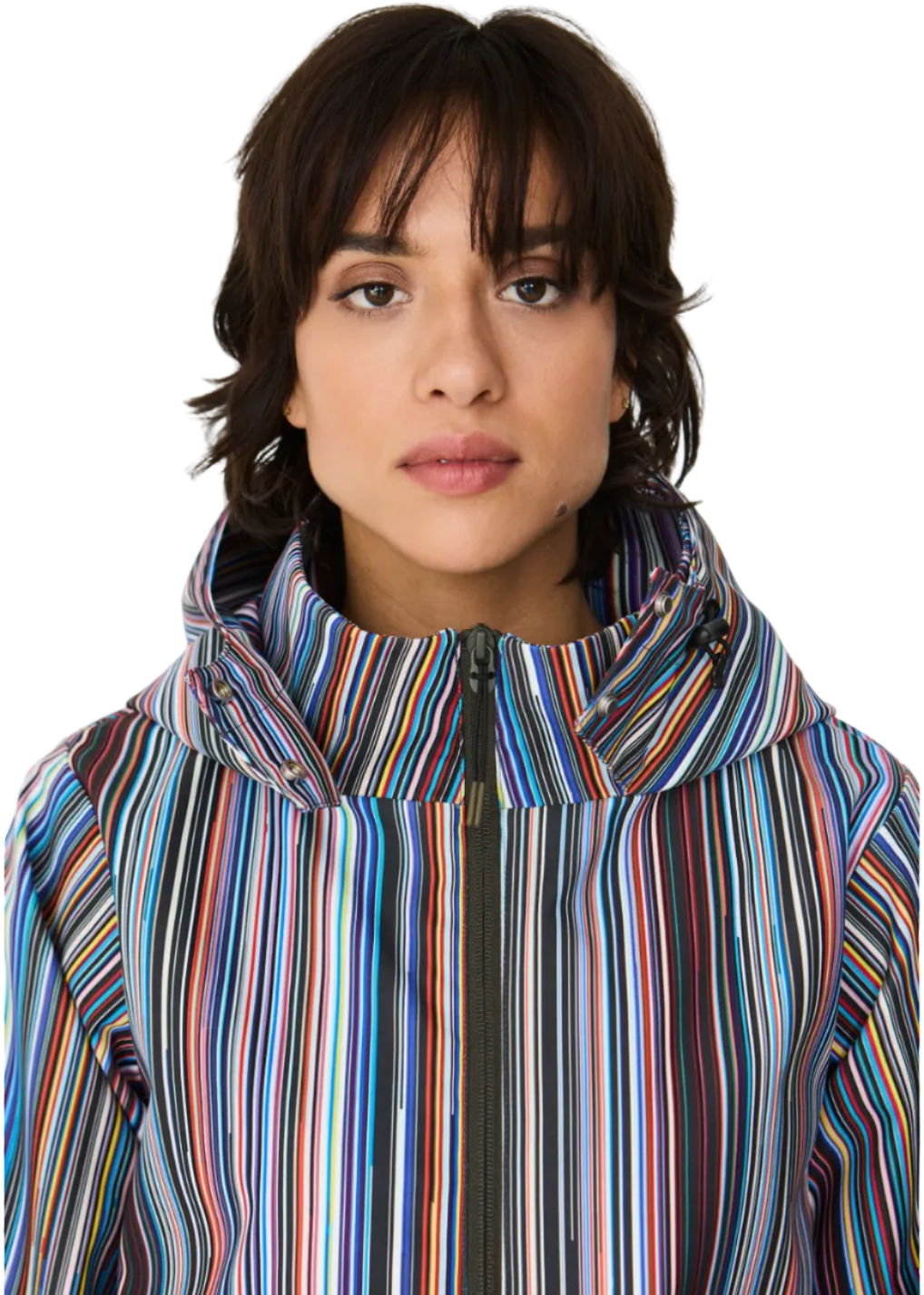 closeup view on the neckline on Model wearing the striped Kresua Jacket in grems by SKFK, a stylish knee-length raincoat