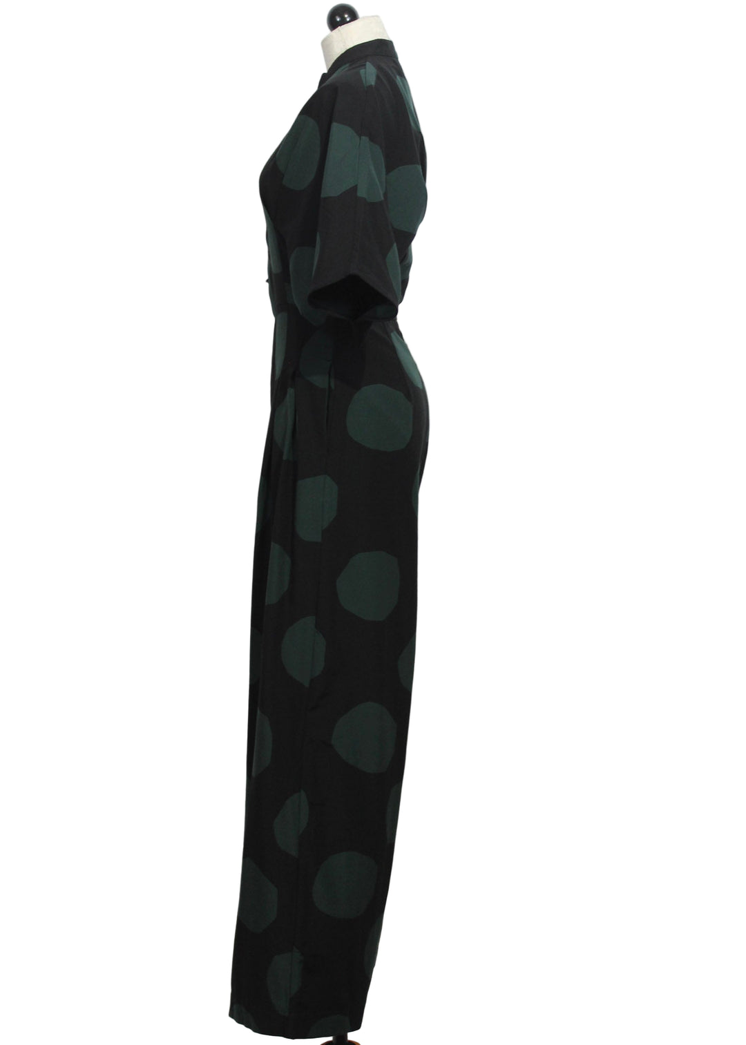 Side view of Black and Green Polka Dot Siloe Jumpsuit by SKFK