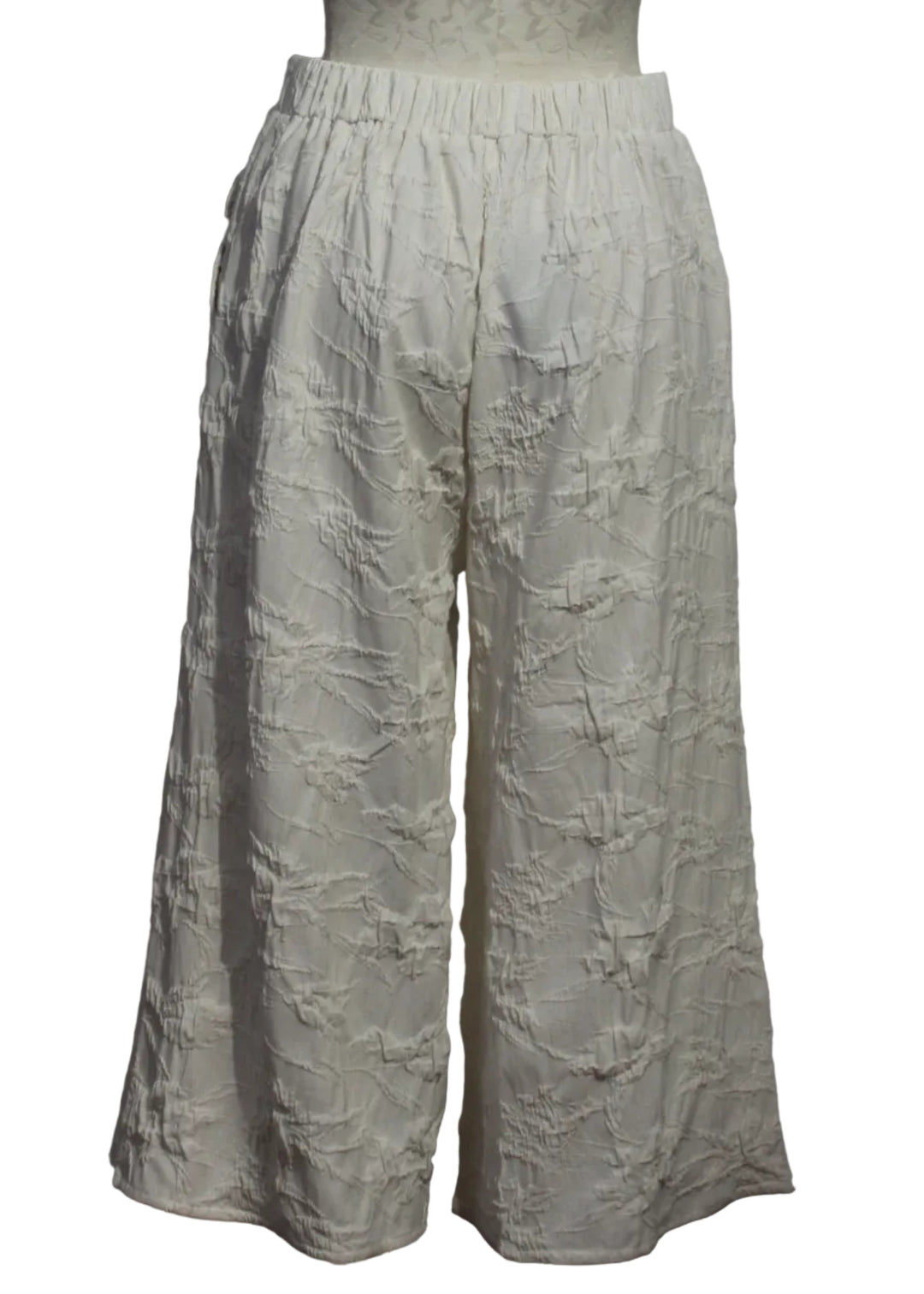 back view of Resort White Textured Pull-on Wide Leg Cropped Amma Pant by Kozan.