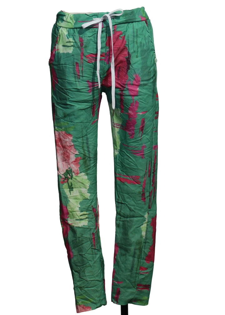 Crinkled Drawstring Pant in a Pink and Green Abstract Parrot Print by Amorosa