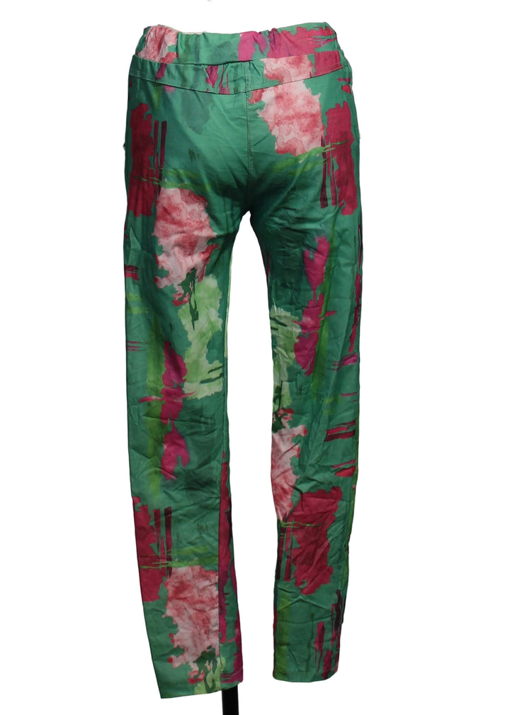 back view of Crinkled Drawstring Pant in a Pink and Green Abstract Parrot Print by Amorosa