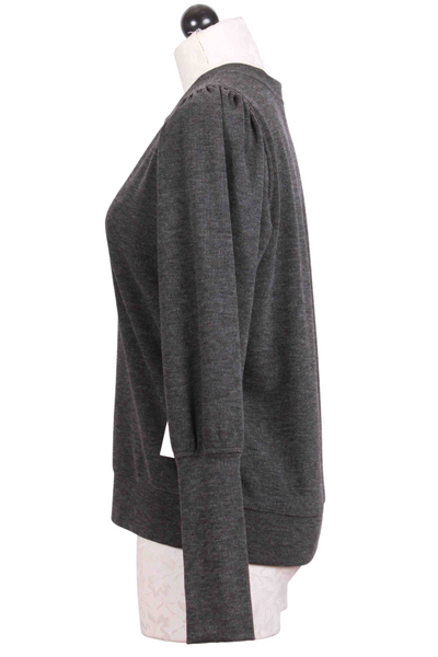 side view of Heathered Charcoal Bishop Sleeve Top by Fifteen Twenty
